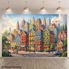 2D Cartoon City Backdrop, Colorful European Town & Rainbow Photography Banner