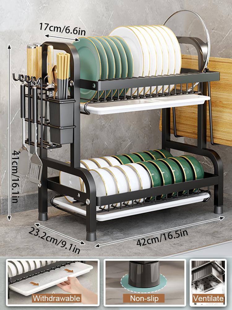 Dish Drying Rack 2-Tier Compact Kitchen Dish Rack Drainboard Set Large Rust-Proof Dish Drainer with Utensil Holder