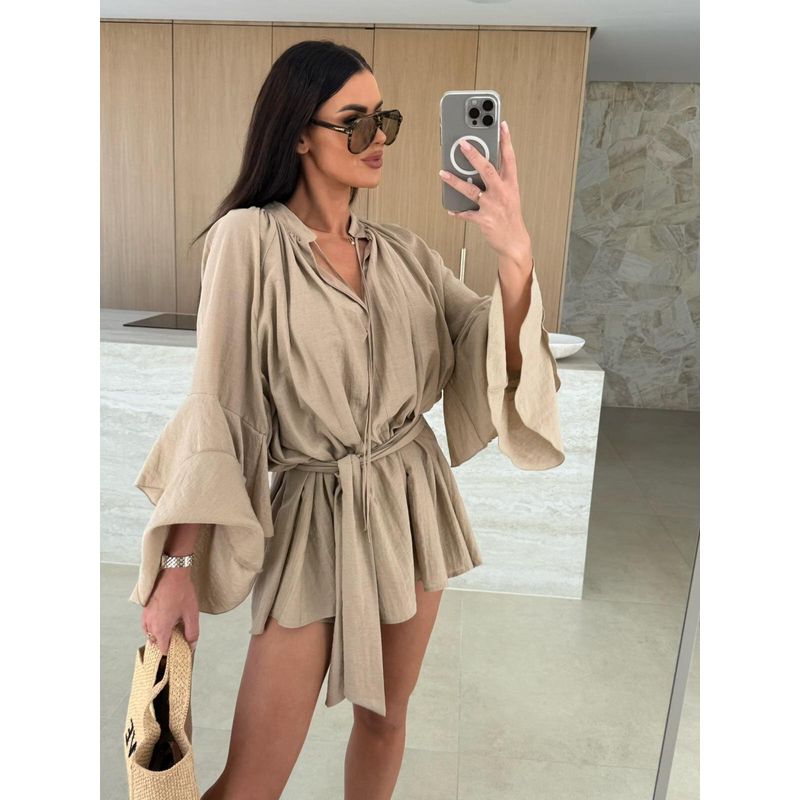 Western Style New Fashion Casual Loose Frill Short dress Lace up Dress Long Sleeve Dress