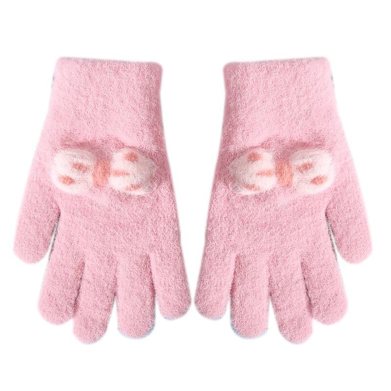 New girls knitted children's thermal gloves winter thickened bow jacquard five fingers cycling homework full finger