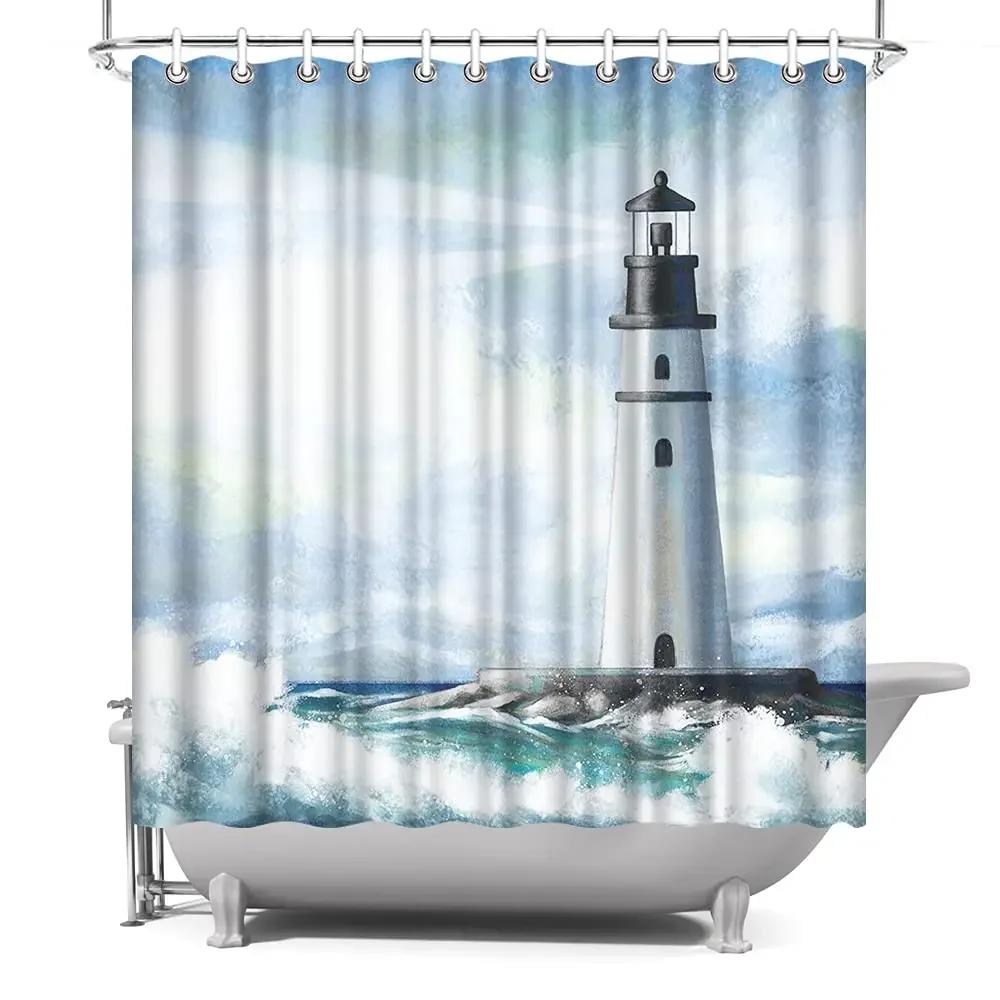 Seascape Wall Decor Portland Head Lighthouse Shower Curtain Landscape Artwork Tropical Ocean Art Curtain For Bathroom With Hooks