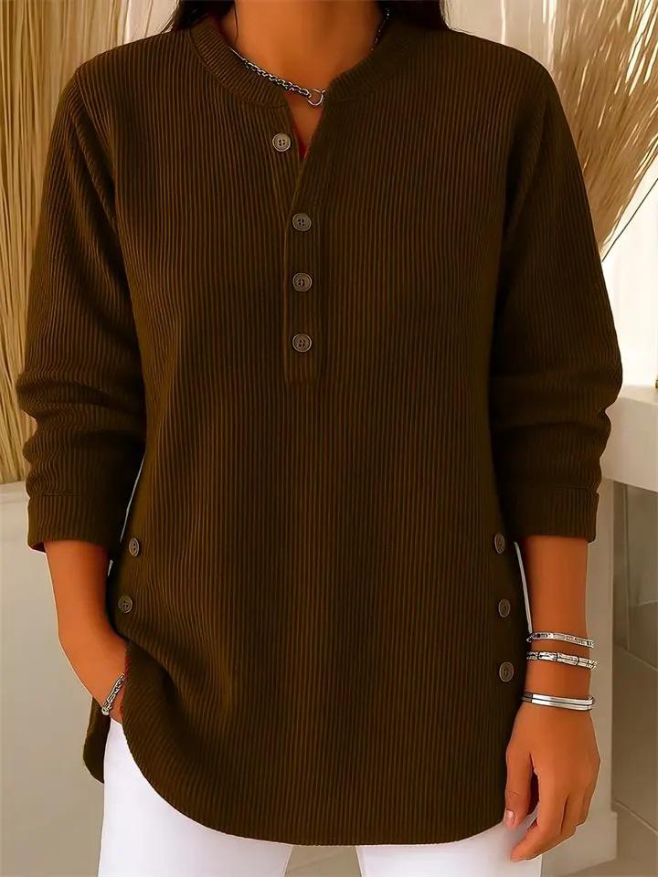 2025 Autumn/Winter Women s Corduroy V-Neck Button-Up Long Sleeve T-Shirt Extra Large темно-коричневого