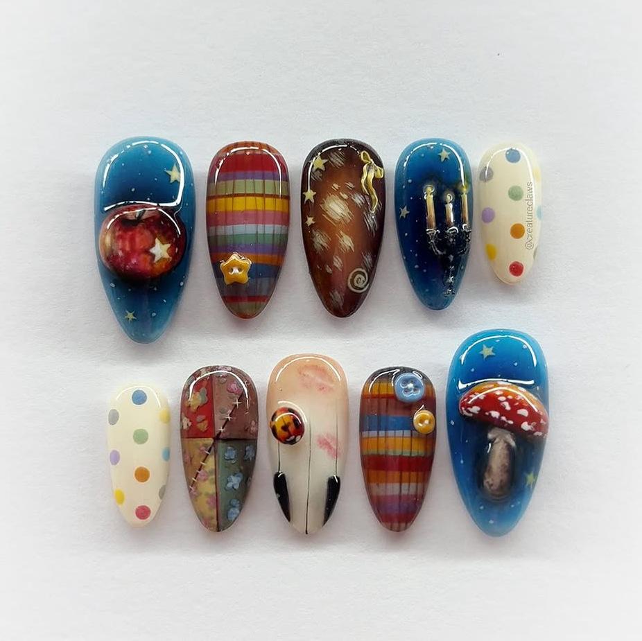 24PCS Sweet Cartoon Lamp Tulip Patterns Almond False Nails with Cute Flowers Retro French Fake Nails Wearable Ins Nails Press On