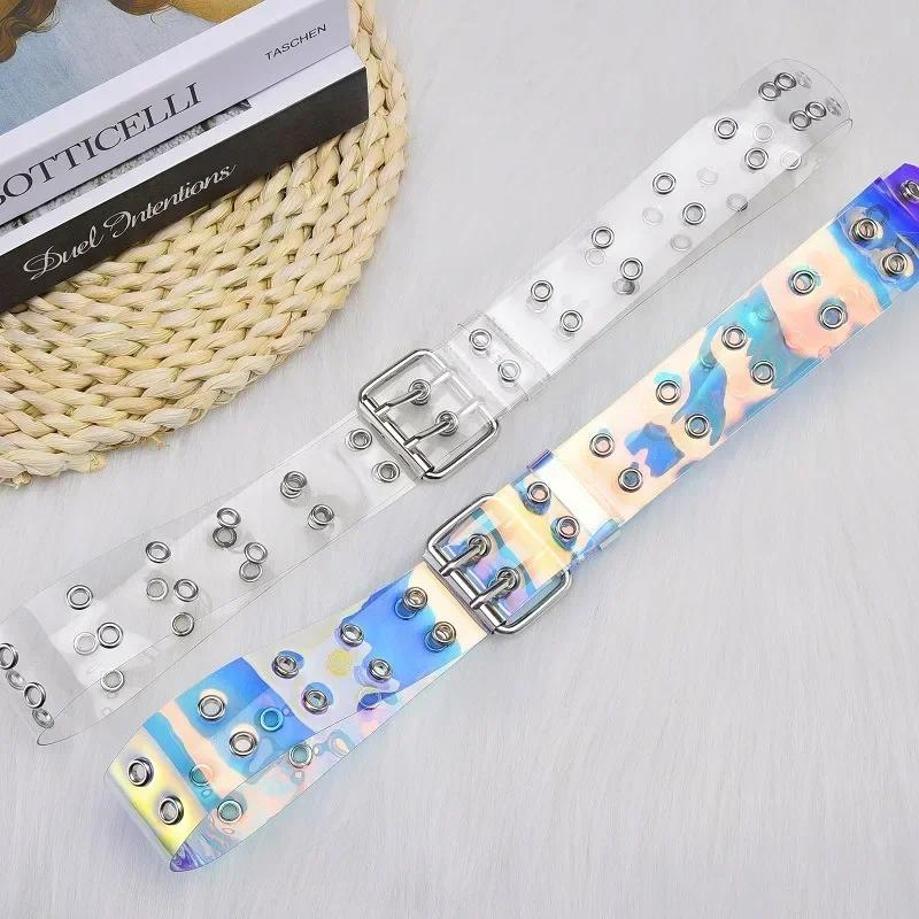 Women Summer Fashion Creative Gifts Waistband Transparent Two Row PVC Belt Laser Invisible Square Pin Buckle Multi Hole Belts