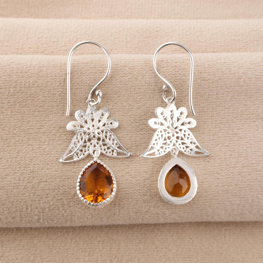Citrine Gemstone 925 Sterling Silver Jewelry Handmade Women Earrings 1.84" November Birthmonth Jewelry For Gift CE-23-7