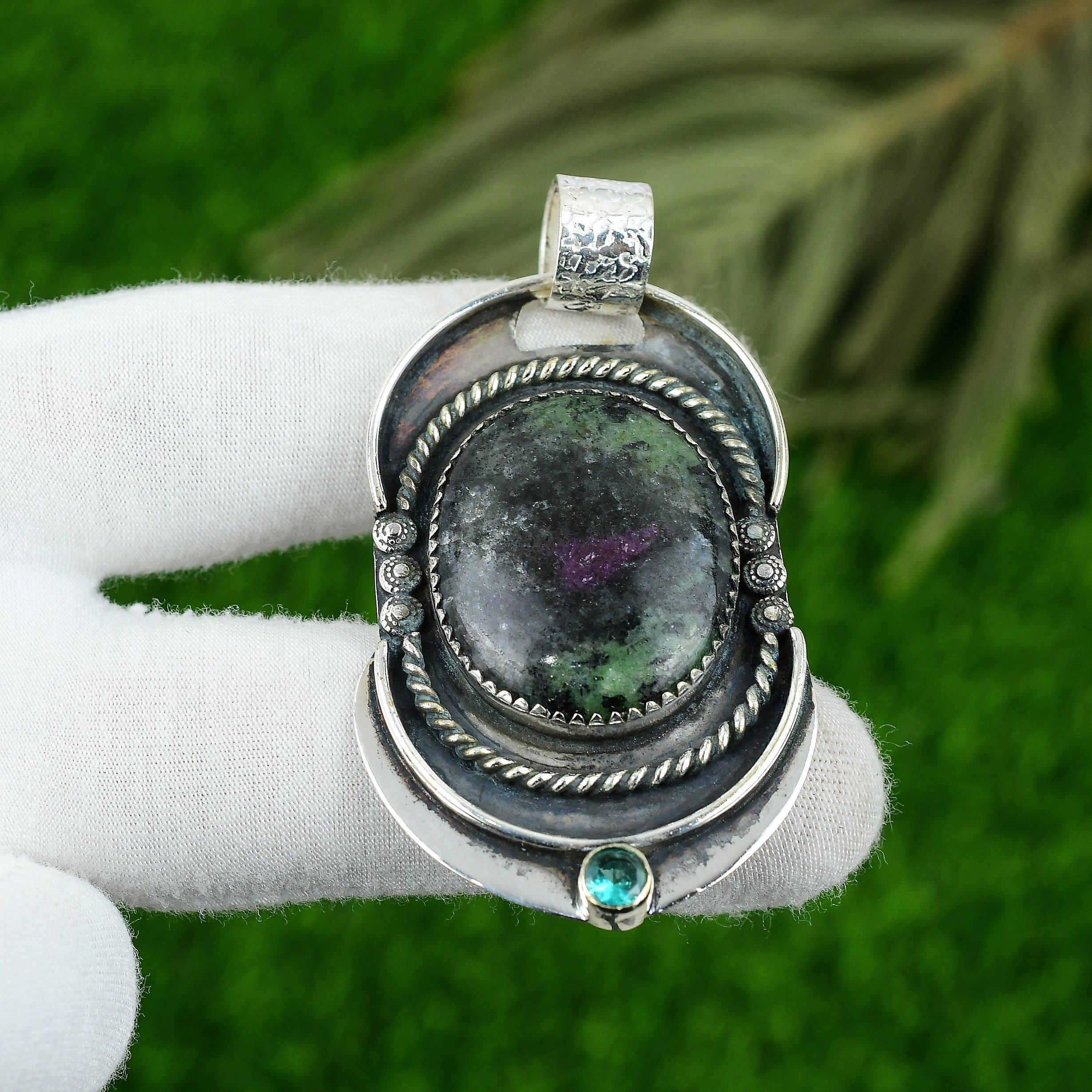 

Oval Ruby Zosite Gemstone Tourmaline Handmade Artisan Trendy Pendant 925 Silver
