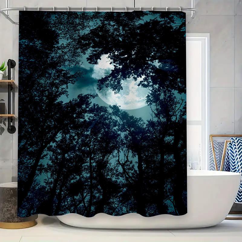 

Outdoor Moonlight Forest Shower Curtain Waterproof Bathroom Decor Home Decoration Dark Blue Color Print Customizable Size Availa W60H190(CM)-1 Pcs
