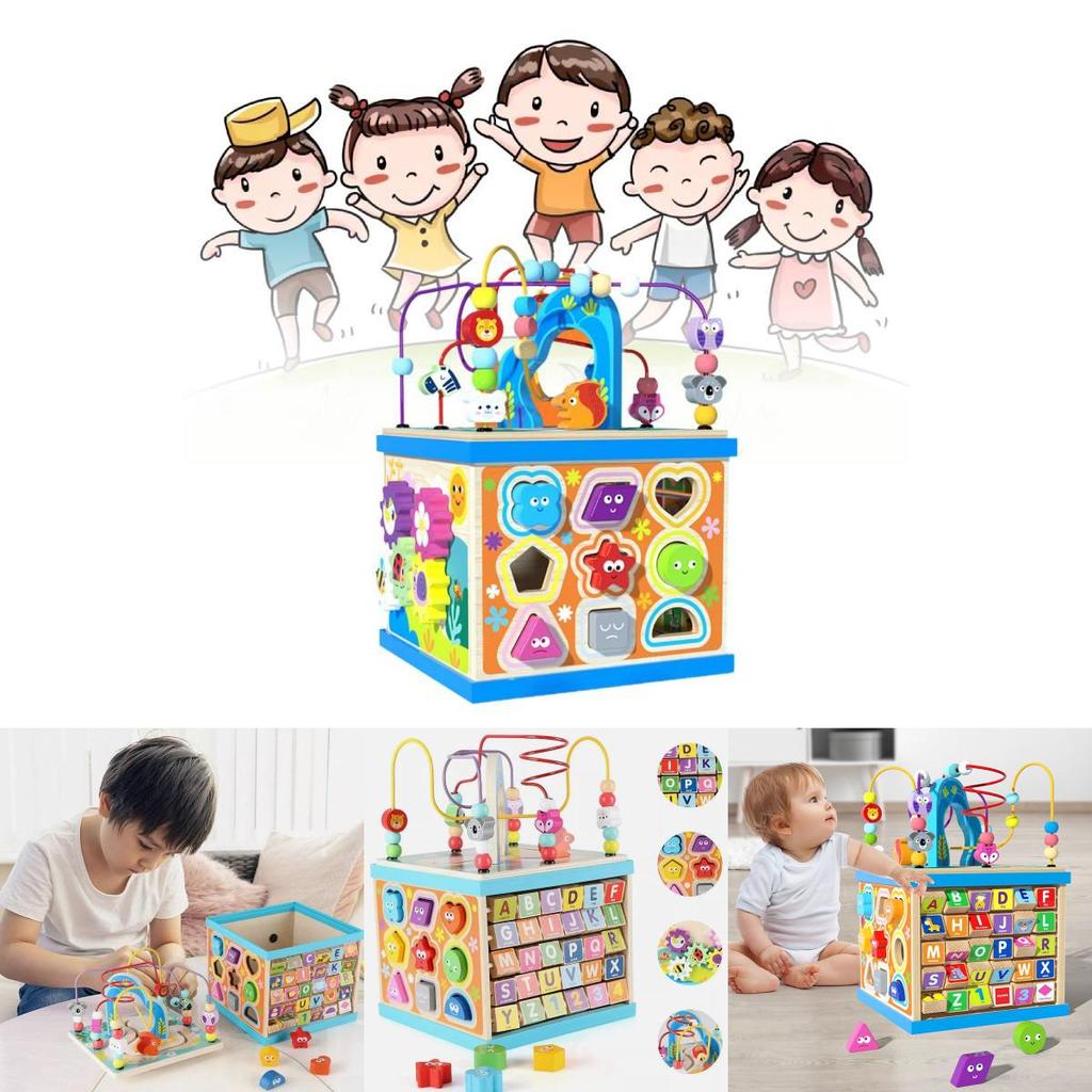 Large Wooden Multifunctional Educational Bead Box For Kids With Shape Sorting And Sensory Play Features