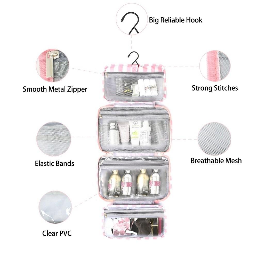 Portable Hanging Travel Toiletry Bag Striped 4-Fold Cosmetic Organizer with Hook Large Capacity Makeup Bag Outdoor
