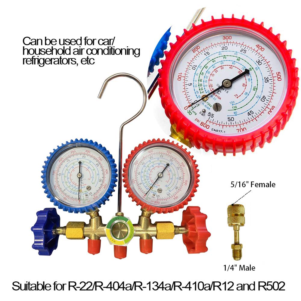 R134a Air Conditioning Pressure Gauge with Hose and Hook 3 Way AC Diagnostic Manifold Gauge Set Freon For R12 R22 R404A R134a