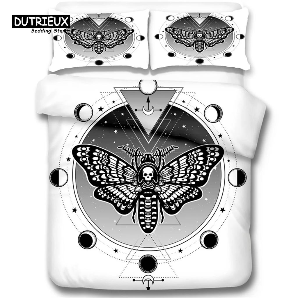 Gothic Skull Bedding Set Decorative Death Moth And Flowers Print Duvet Cover Personalized Skeleton Bones Butterfly Pillowcases