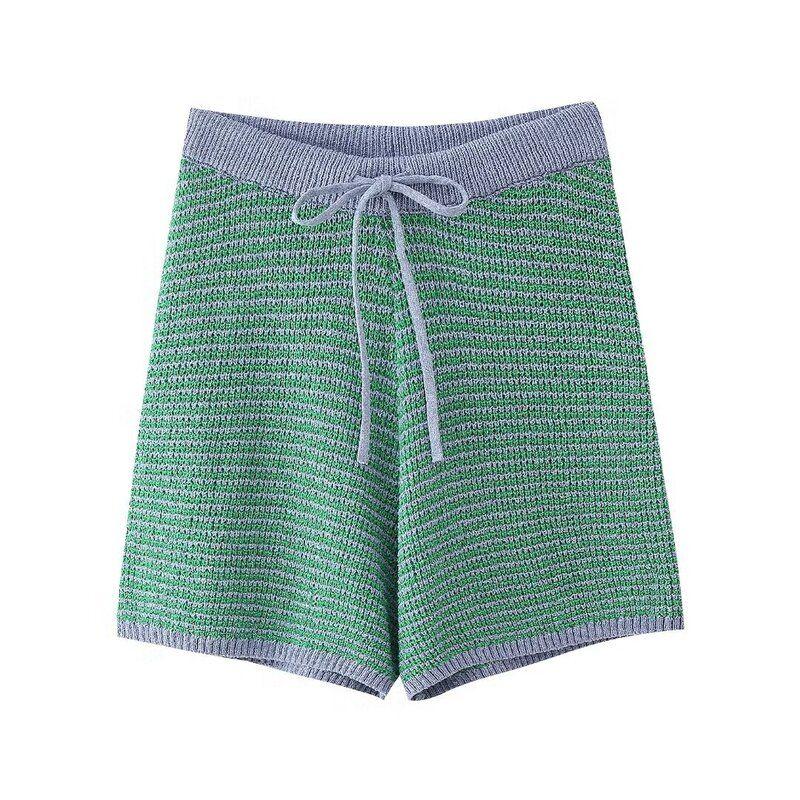 

Модный стиль 2024 Лето Новинка Женский Свободный Трикотажный Топ с Воротником Поло Шорты на Шнуровке с Завышенной Талией 6427041 Green shorts S