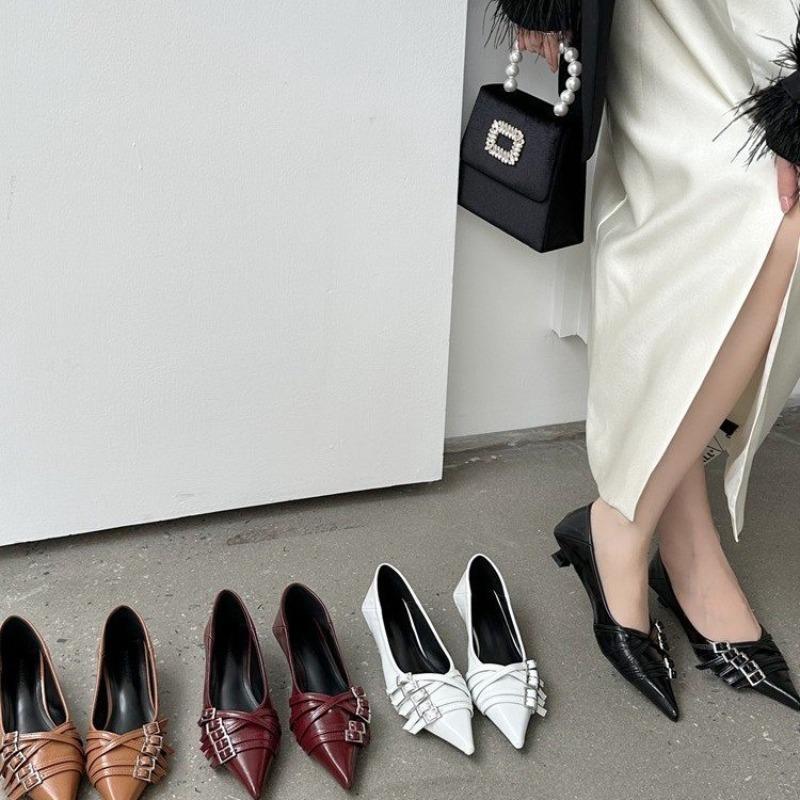 Spring and autumn new fashion pointed low heel women's shoes, with belt buckle lightweight slip ballet elegant high heels