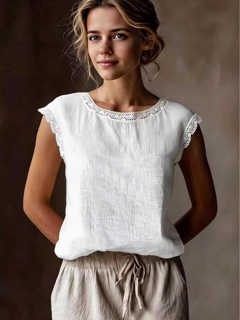 2026 New Women's Retro Loose Sleeveless Linen Shirt with Lace Patchwork