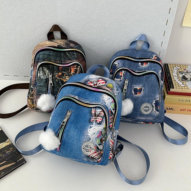 Denim Backpack 2025 New Korean Version of Fashion Printing Trend Ins Style Women's Versatile Casual Backpack