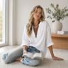 Women Shirt, V-Neck Long Sleeve Summer Tops, Pure Color Loose Fit Casual Blouse for Work Parties Vacations Dates