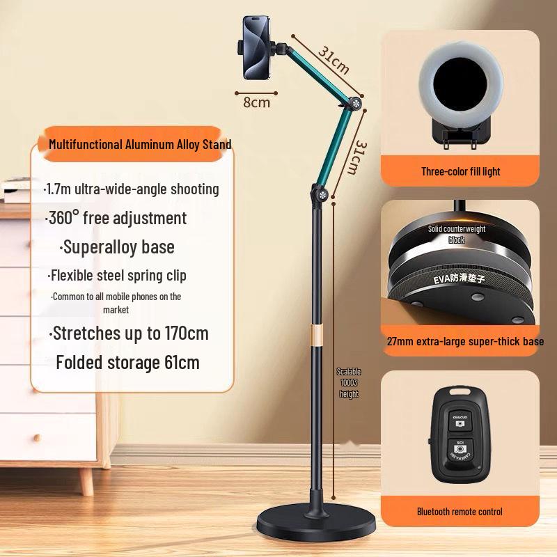 Multifunctional Floor & Bedside Mobile Phone Holder for Streaming, Overhead & Low-Angle Shots, Retractable Stand for Videos & TikTok
