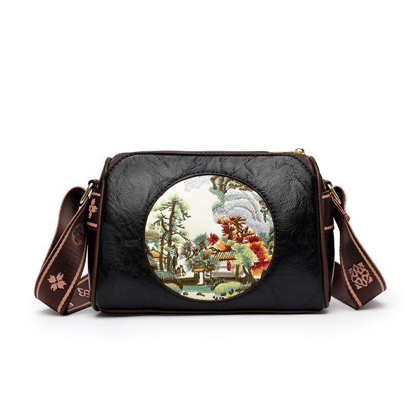 New Literary and Artistic Shoulder Bag Retro Embroidery Line Landscape Painting Mother Mobile Phone Bag Fashionable Multi-layer Crossbody Bag