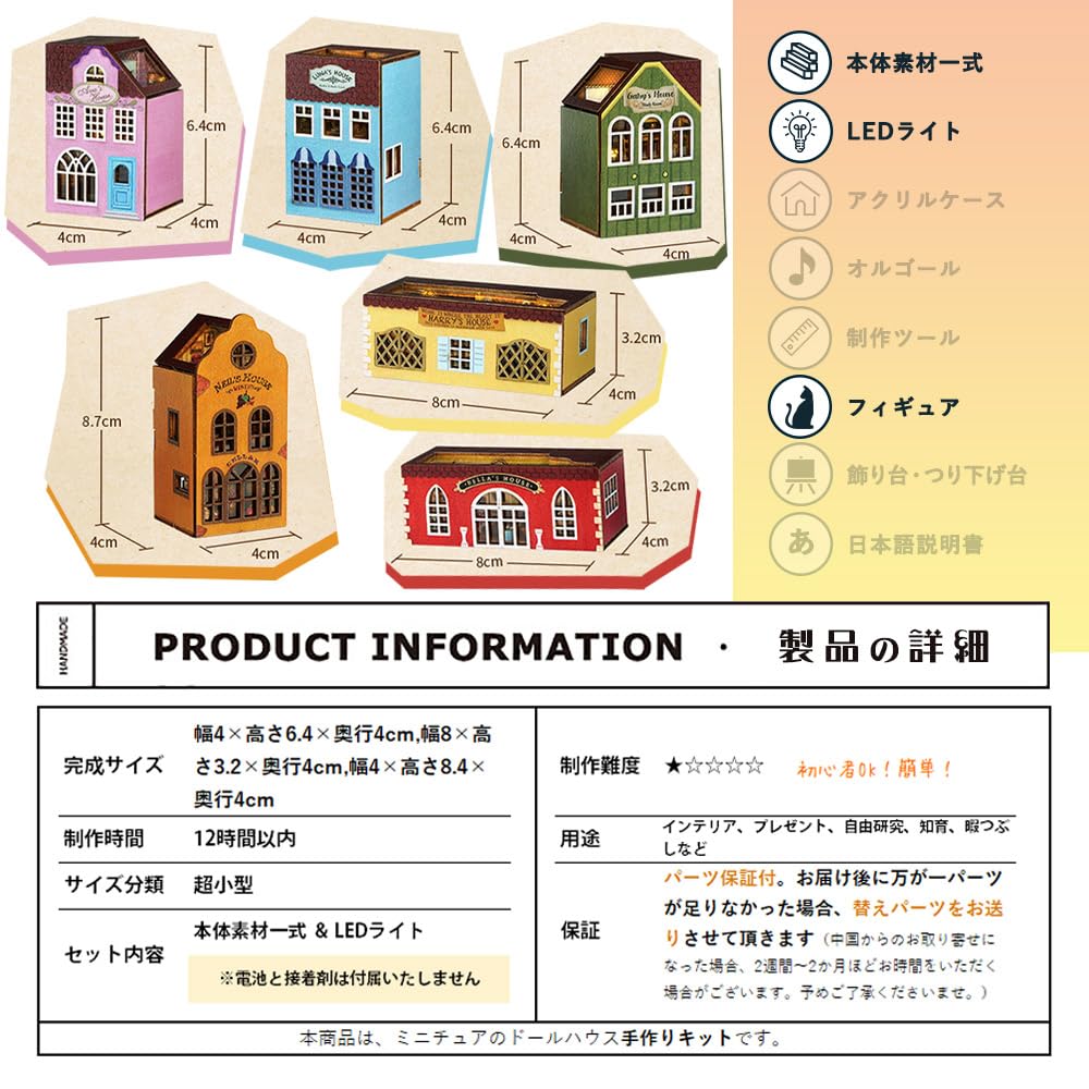 moin moin Dollhouse Miniature Handmade Kit Set Freely Arranged and Stacked Colorful City of and Rabbit Light Blue Blue LED Light with Removable Front