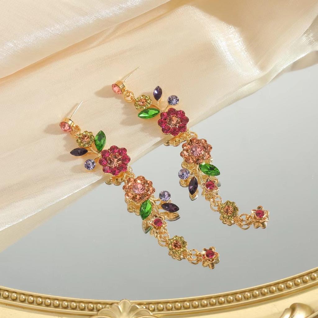 Multi-layer alloy diamond petal earrings, bohemian vintage flower fringed earrings
