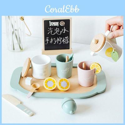 Childrens Wooden Pretend Kitchen Set With Tea Pot And Lemon Tea For Imaginative Play