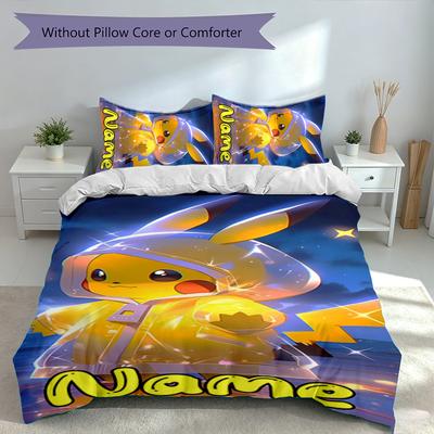 3-teiliges personalisiertes Pokémon Pikachu Bettwäsche-Set, Enthält 1 Bettbezug und 2 Kissenbezüge, Ganzjahres-Schlafzimmerdekoration