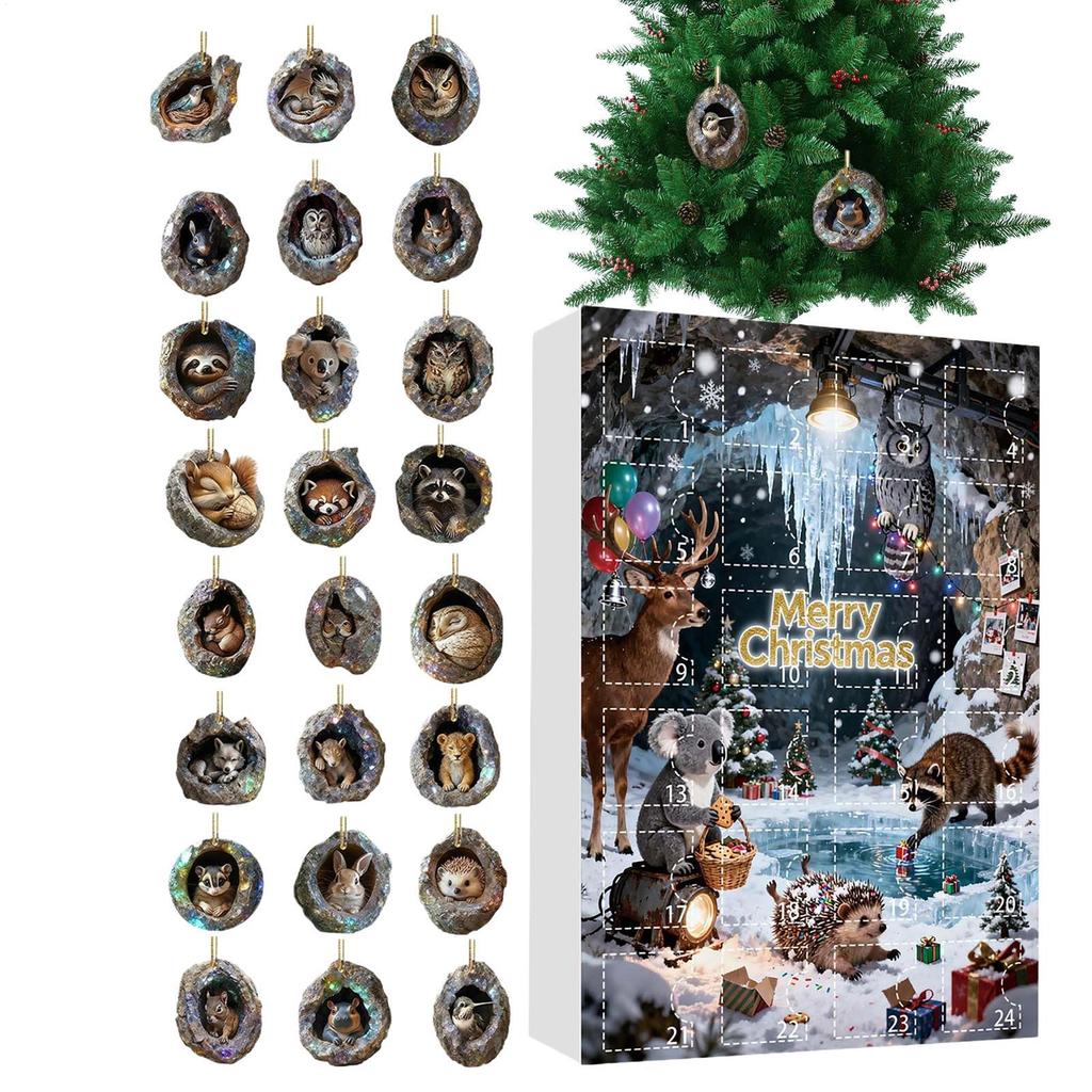 Animal Ornament Advent 2D Acrylic 24 Days Christmas Tree Hole Countdown Calendar Holiday Animal Pendant for Kids Boys Girls