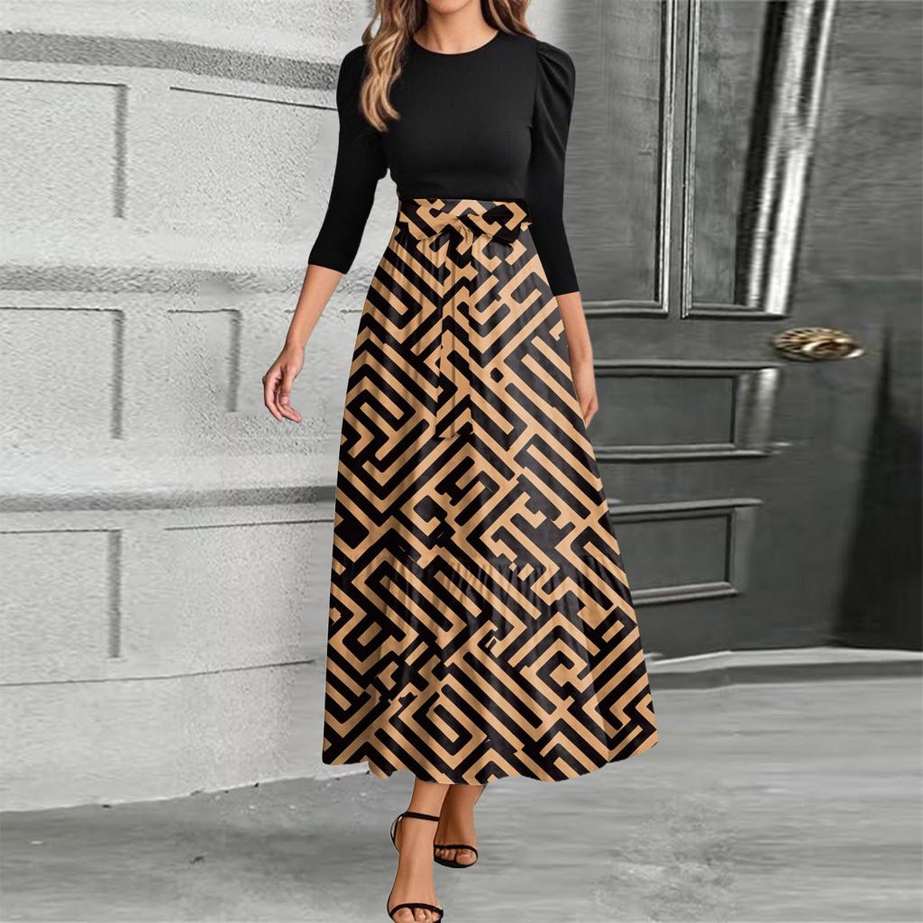 Damenmode Freizeitgürtel Rundhals Florale Stickerei Elegantes Temperament Dreiviertelarm Kleid