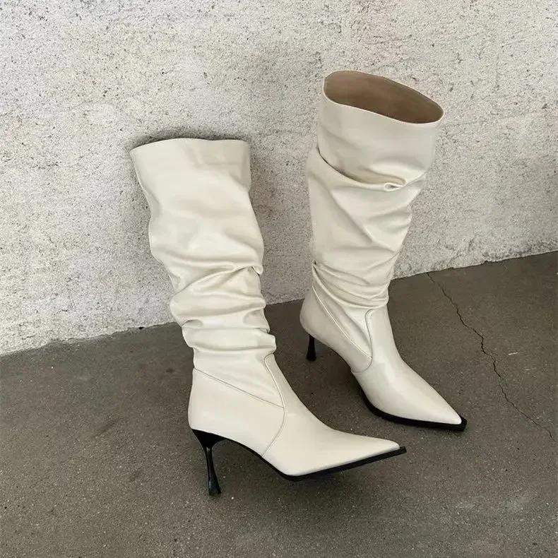 European and American pointed pleated high tube long boots for women in autumn 2025 high heels for women long tube boots