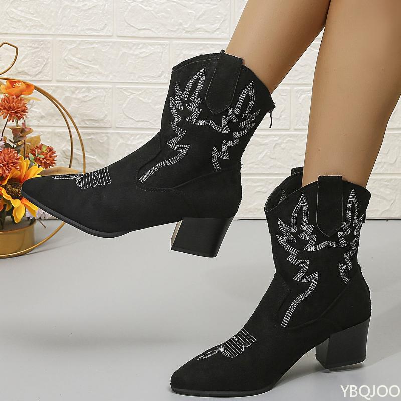 Fashion Embroidered boots for women in plus size thick heel retro ethnic style comfortable versatile anti slip temperament women's shoes
