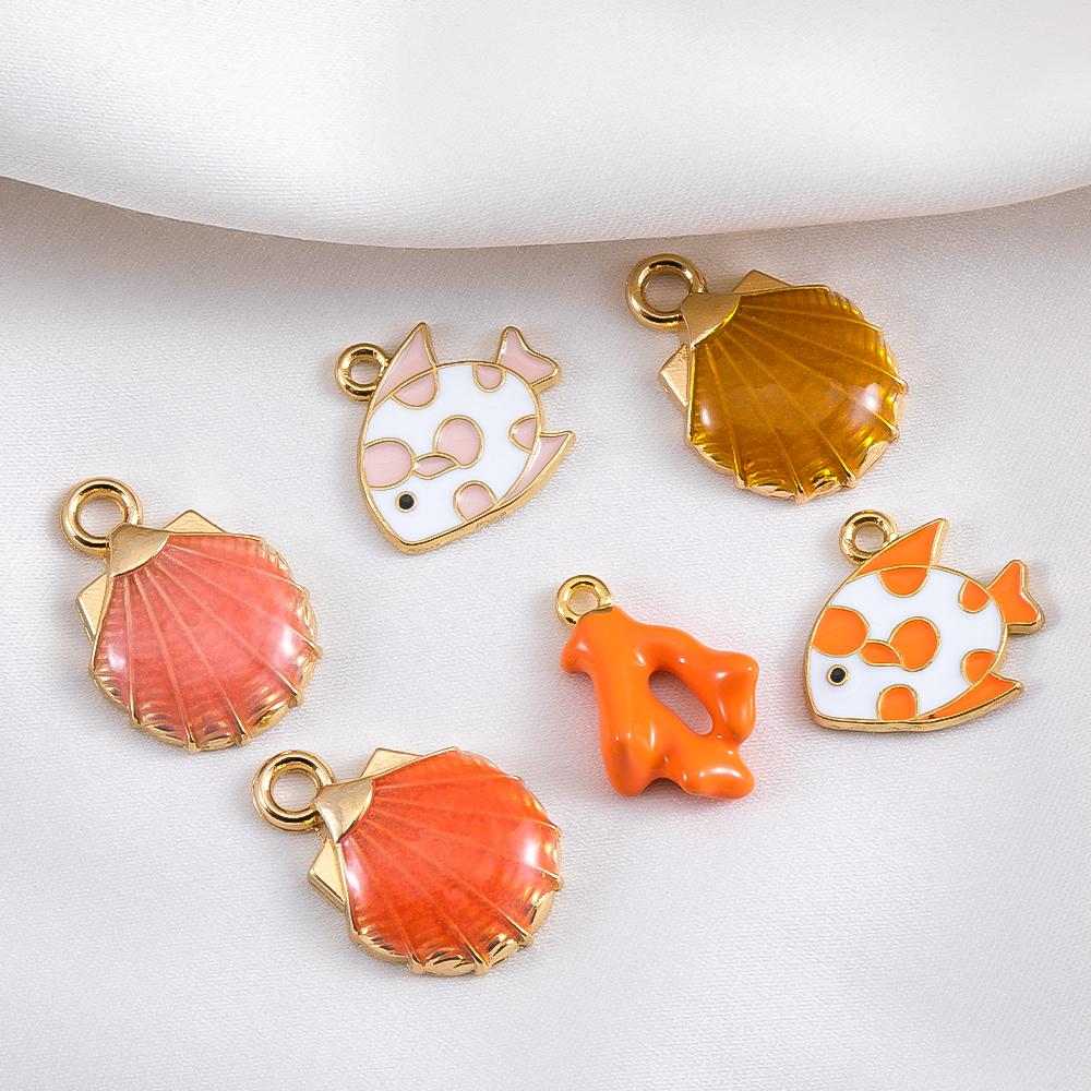 10pcs Cute Orange Enamel Sea Coral Turtle Conch Fish Starfish Charms Alloy Pendants for DIY Necklace Bracelet Jewelry Findings