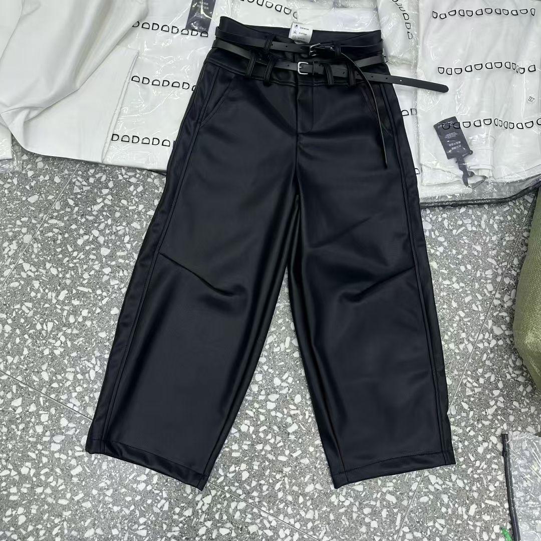

2026 Bestseller European Autumn/Winter High-Waisted Double-Belt Slimming Wide-Leg Leather Pants L: Waist 90-105 cm чёрный