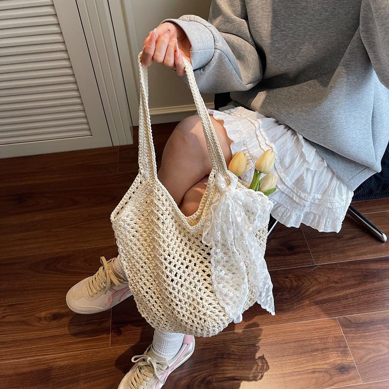 Yogodlns Women Crochet Tote Bag Fashion Knitted Large Capacity Woven Shoulder Bags Solid Color Simple Shopping Bag for Summer Beach