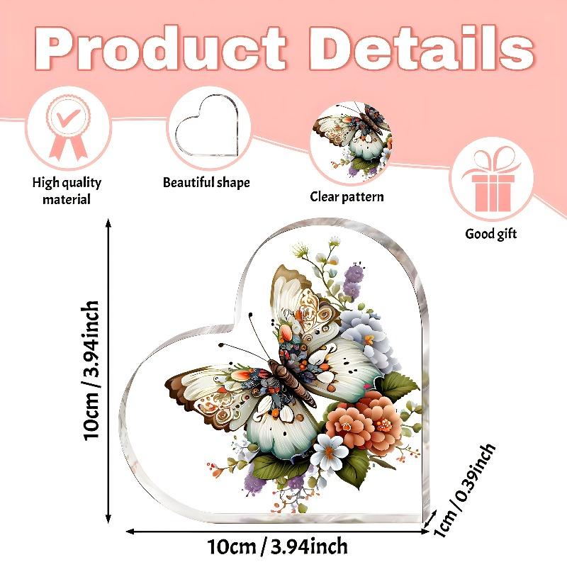 2D Flat Heart-Shaped Acrylic Butterfly Desktop Decoration, Floral Design, Suitable for wall Decoration, porch, Room, Villa, accents Home, Hallway, or