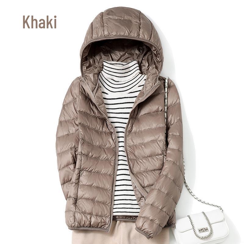 2023 Women's Lightweight Hooded Down Jacket - Slim Fit, Plus Sizes, Autumn/Winter, White Duck Down.