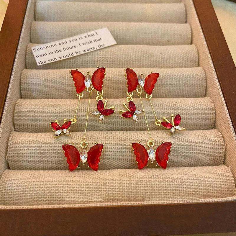Elegant Red Zircon Butterfly Drop Earrings For Women Temperament Sweet Metal Bow Earrings Fashion Girls Jewelry Accessories