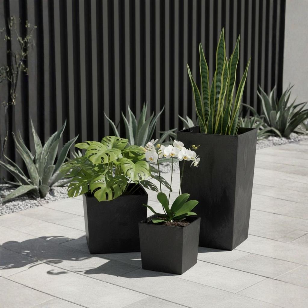 Set of Large Modern Black Concrete Flower Pots 3 Pcs
