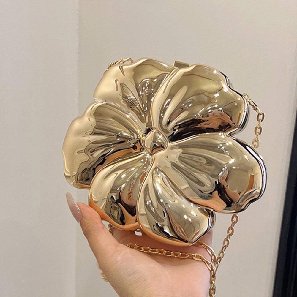 Ladies Metallic Exquisite Flower Mini Flower Chain Crossbody Bag Fashion Novelty Shape Bag Mobile Phone Key Coin Purse Portable