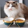 Set of 2 x 300ml double bowl for cat and dog on a stand, ceramic, gold ears, PetJet