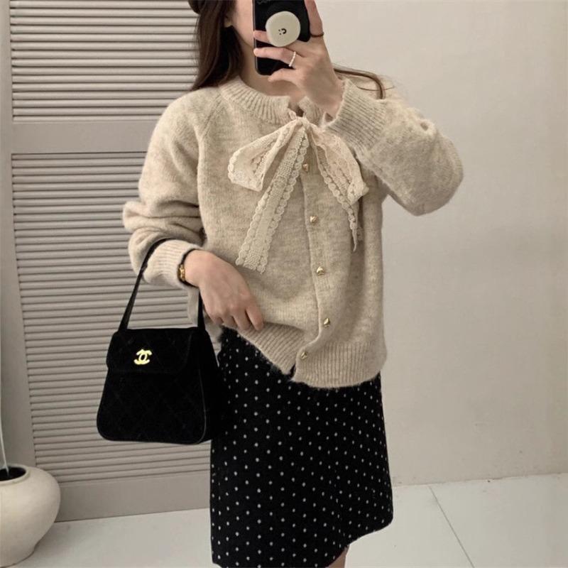 Crew Neck Bow Sweater Cardigan Women's Autumn and Winter Soft Waxy Lazy Wind Loose Knitted Jacket Thick