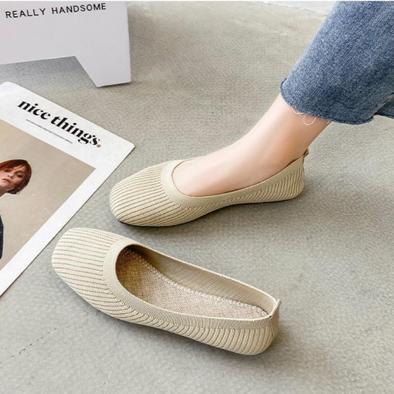 Fashion Women Leisure Flats Summer Autumn Flat Shoes Breathable Knitted Square Toe Slip-on Female Daily Walking Driving Loafers