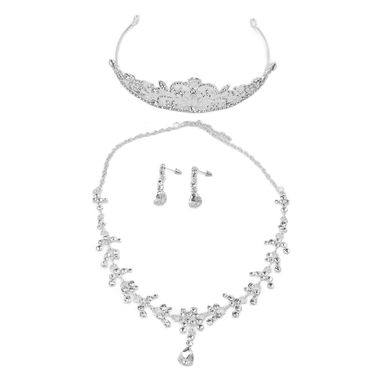 Wedding Crown Jewelry Set Rhinestone Silver Color Alloy Hypoallergenic Necklace Crown Set