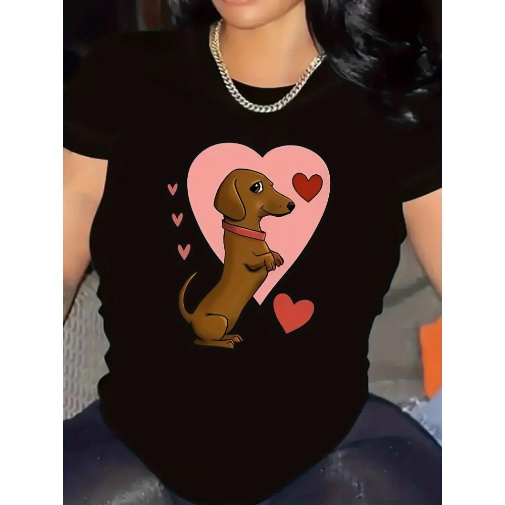 

Women Cute Sausage Dog with Heart Pattern Printed T-shirt Round Neck Summer Short Sleeve Top Casual Soft T-shirt Clothing S