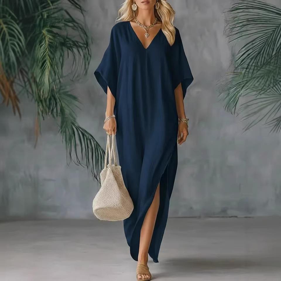 Long Sleeve V-Neck Flowy Maxi Dress with Side Slit In Multiple Colors