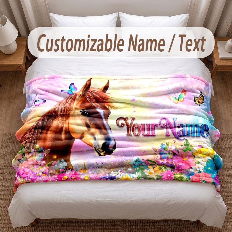 Horse Theme Soft Blanket Personalized Custom Name Text Print Warm Blanket Home Sofa Bedroom Decor