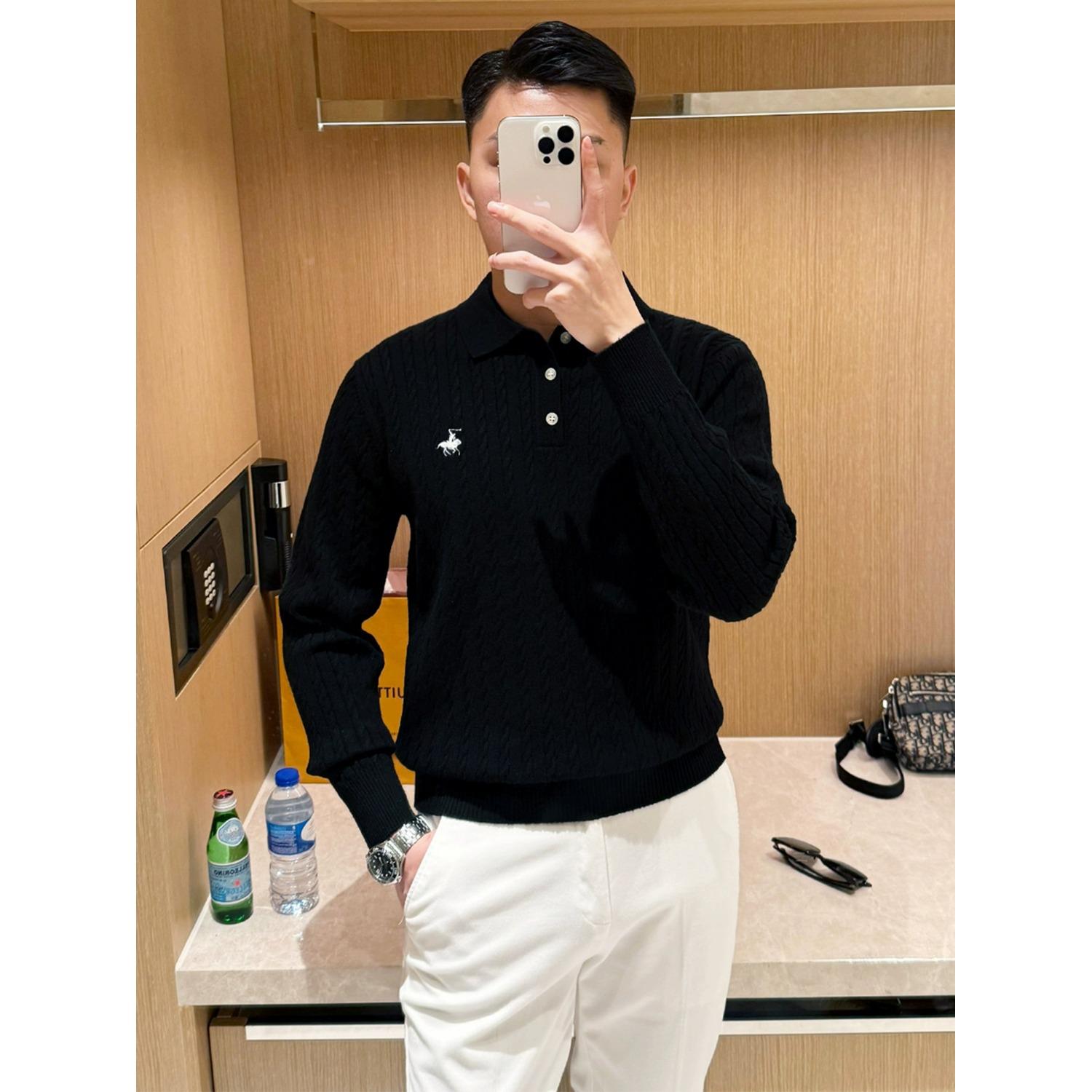 Men s High-End Cable Knit Sweater: Embroidered Lapel, Light Luxury, Autumn/Winter Style. XL