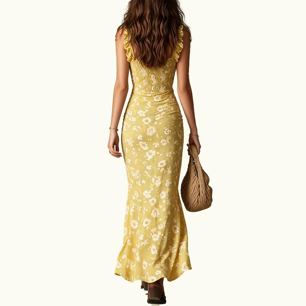 Bohemian Style Sleeveless Dress with Ruffle Straps High Slit Maxi Dress Vintage Floral Print Summer Dress for Women