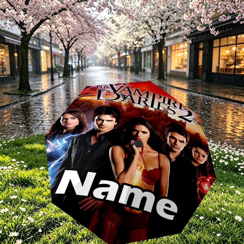 Custom Name Personalized The Vampire Diaries Print Umbrella, Auto Open Close, 8‑Rib Sturdy Frame, Commute Camping Hiking Use, Birthday Gift