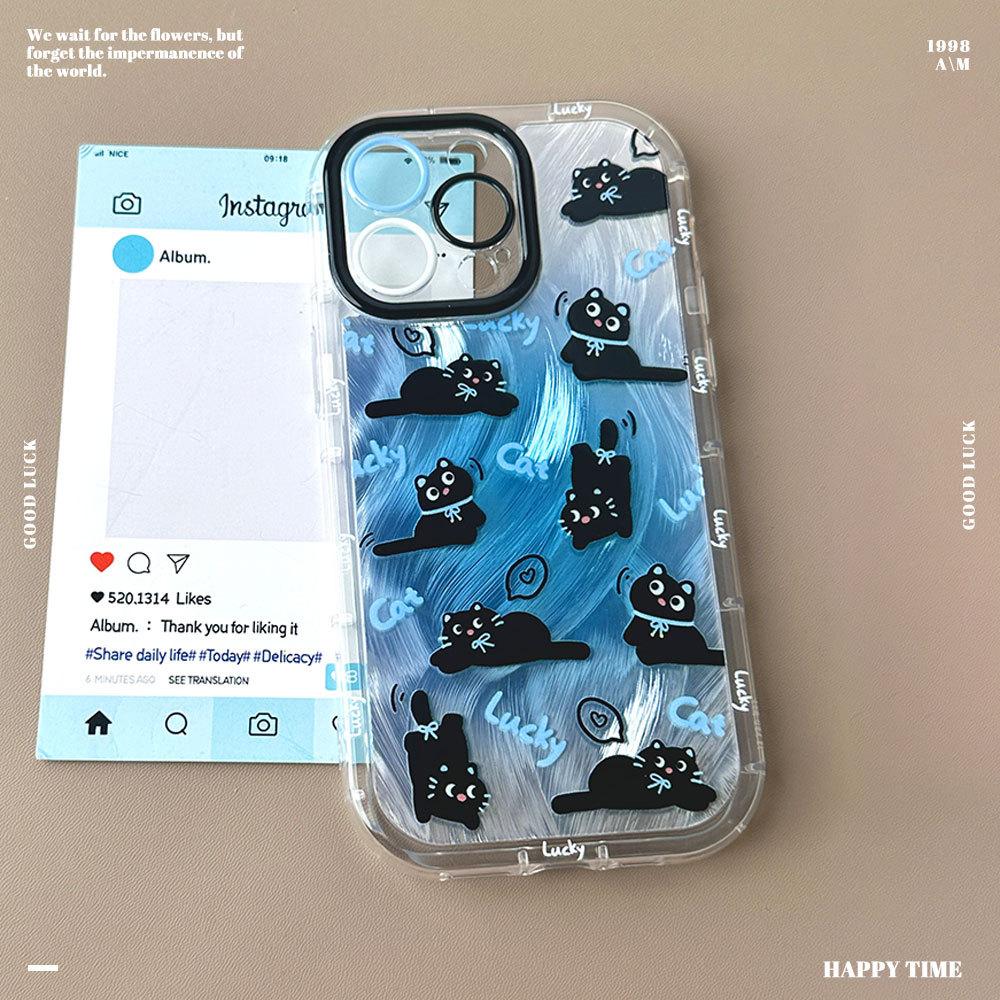 Gradually Dyed Feather Yarn Small Black Cat Food Suitable for Apple 16 Protective Cover Iphone15 Mobile Phone Case 14 Soft Edge 13 Niche