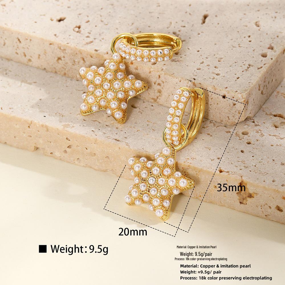 Pentagram Baroque Gold Faux Pearl Earrings: Square & Peach Heart Hoop Dangle - Women's Celebrity Style Jewelry